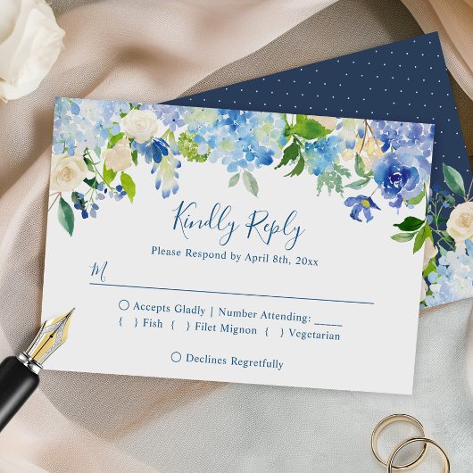 Elegant Blue Hydrangeas Floral Wedding RSVP Kaartje