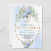 Elegant Blue Hydrangeas Gold Quinceañera Invite Kaart (Voorkant)