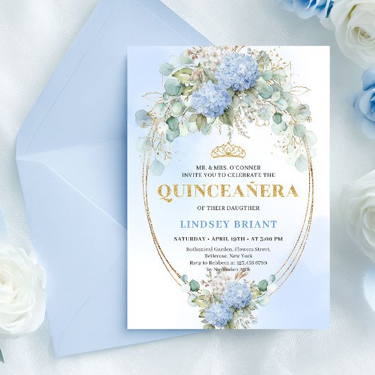 Elegant Blue Hydrangeas Gold Quinceañera Invite Kaart