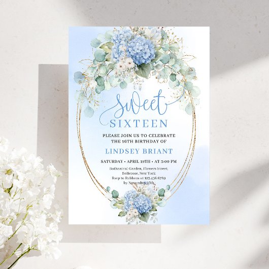 Elegant Blue Hydrangeas Gold Sweet Sixteen Invite Kaart