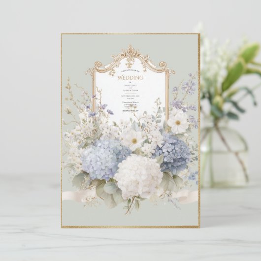 Elegant Blue Hydrangeas Sage Vintage Wedding Kaart (Staand voorkant)