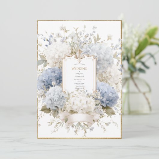 Elegant Blue Hydrangeas Vintage Budget Wedding Kaart (Staand voorkant)