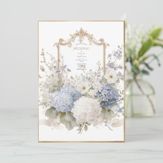 Elegant Blue Hydrangeas Vintage Wedding Kaart (Staand voorkant)