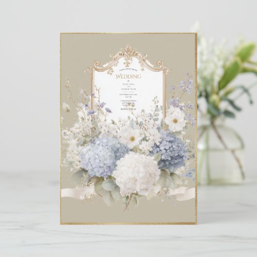 Elegant Blue Hydrangeas Vintage Wedding Kaart (Staand voorkant)