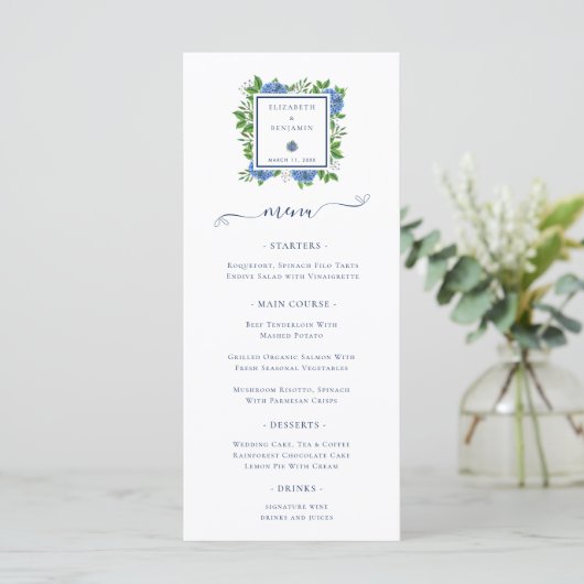 Elegant Blue Hydrangeas Waterverf Wedding Menu (Staand voorkant)