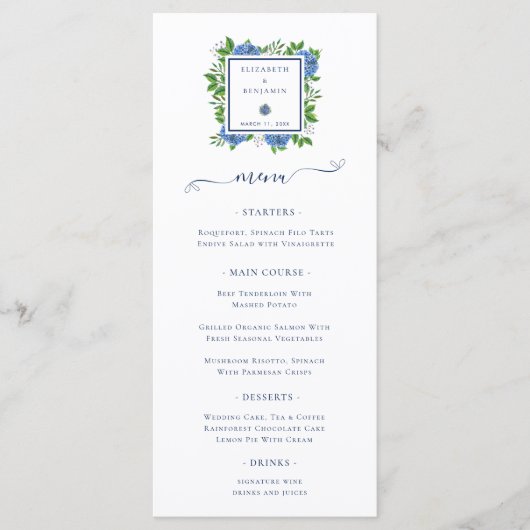 Elegant Blue Hydrangeas Waterverf Wedding Menu (Voorkant)