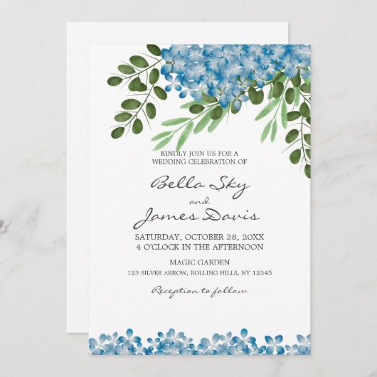 Elegant Blue Hydrangeas Wedding Invitation Kaart (Voorkant / Achterkant)