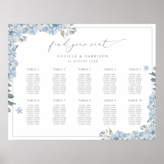 Elegant Blue Hydrangeas Wedding Plan Poster (Voorkant)
