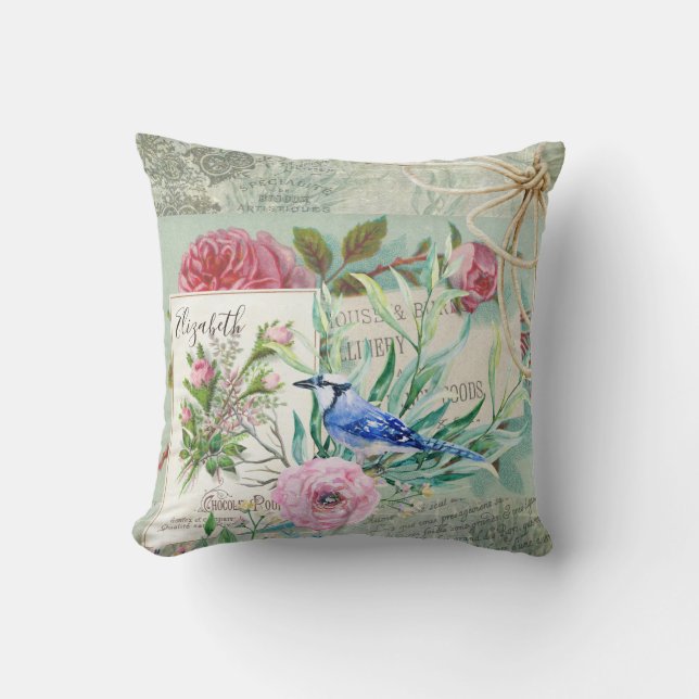 Elegant Blue Jay Bird  Pink Floral and Name Kussen (Voorkant)
