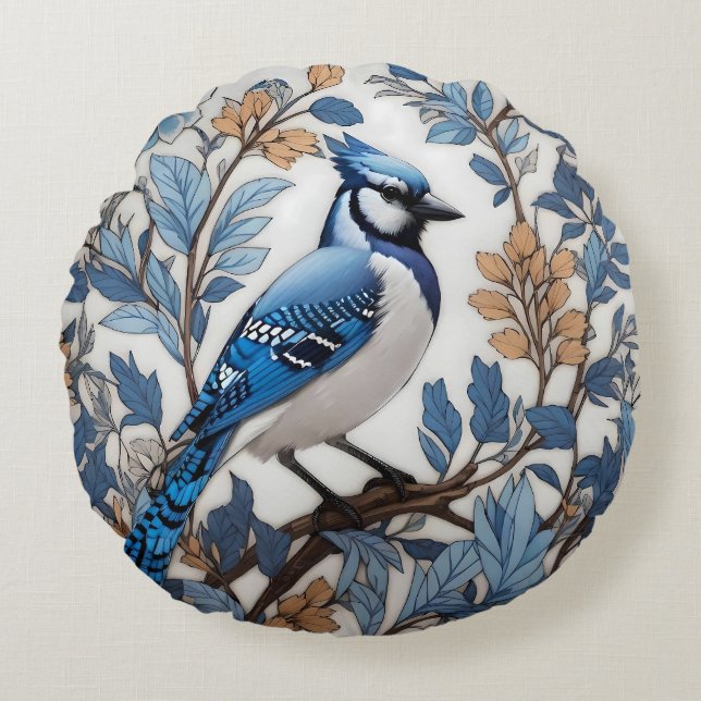 Elegant Blue Jay William Morris geïnspireerd Rond Kussen (Voorkant)