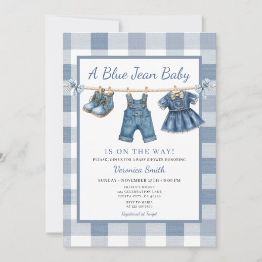 Elegant Blue Jean Clothesline Denim Baby Shower Kaart (Voorkant)