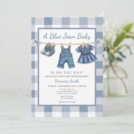 Elegant Blue Jean Clothesline Denim Baby Shower Kaart (Staand voorkant)
