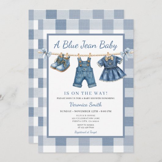 Elegant Blue Jean Clothesline Denim Baby Shower Kaart (Voorkant / Achterkant)