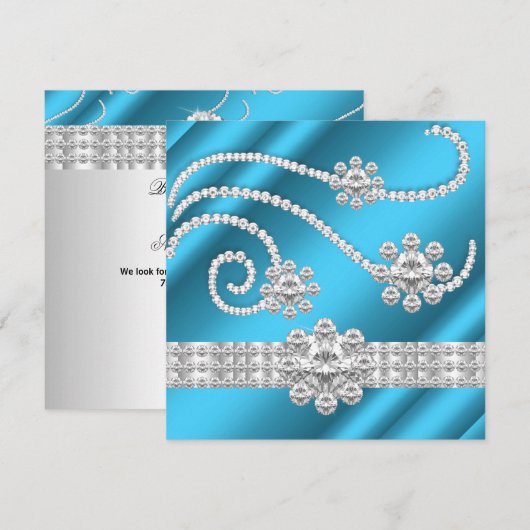 Elegant Blue Jewel diamant Silver Birthday Party Kaart (Voorkant / Achterkant)
