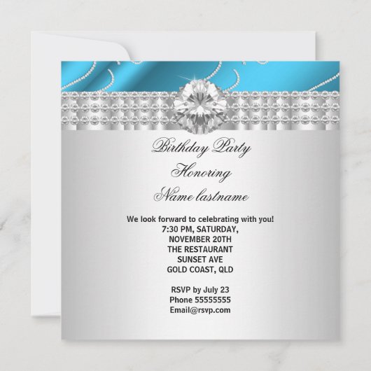 Elegant Blue Jewel diamant Silver Birthday Party Kaart (Achterkant)