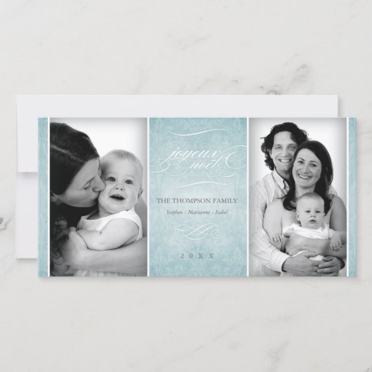 Elegant Blue "Joyeux Noël" fotokaart Feestdagenkaart (Voorkant)