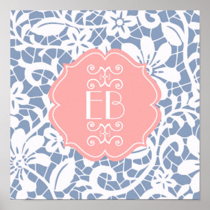 Elegant Blue  Lace Personalized Monogram Poster