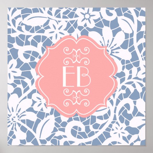 Elegant Blue  Lace Personalized Monogram Poster (Voorkant)