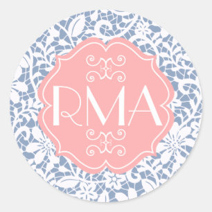 Elegant Blue  Lace Personalized Monogram Ronde Sticker