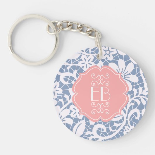Elegant Blue  Lace Personalized Monogram Sleutelhanger (Voorkant)