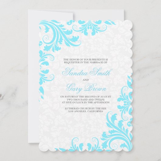Elegant Blue Lace White Damasvraagt Wedding Invite Kaart (Voorkant)