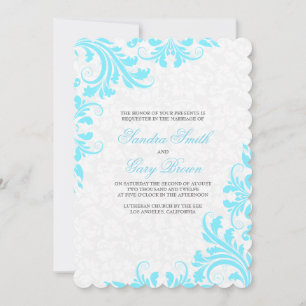 Elegant Blue Lace White Damasvraagt Wedding Invite Kaart