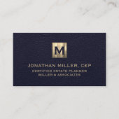 Elegant Blue Leather Luxury Gold Initiaal Logo Visitekaartje (Voorkant)