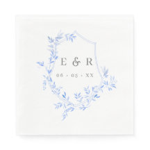 Elegant Blue Leaves Crest Wedding Monogram