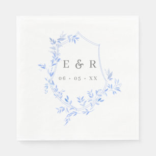 Elegant Blue Leaves Crest Wedding Monogram Servet