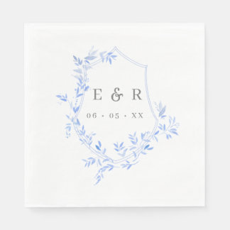Elegant Blue Leaves Crest Wedding Monogram Servet