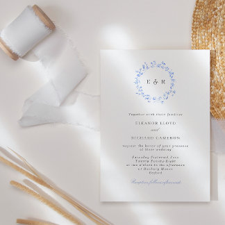 Elegant Blue Leaves Wreater Monogram Wedding Kaart