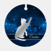 Elegant Blue Lights Silhouette Silver Playful Cat Metalen Ornament (Voorkant)