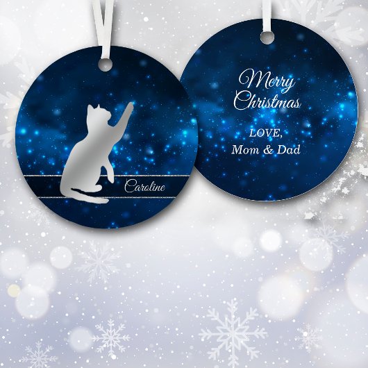 Elegant Blue Lights Silhouette Silver Playful Cat Metalen Ornament