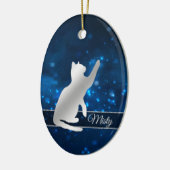 Elegant Blue Lights Silver Silhouette Playful Cat Keramisch Ornament (Links)