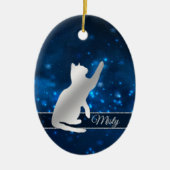 Elegant Blue Lights Silver Silhouette Playful Cat Keramisch Ornament (Voorkant)