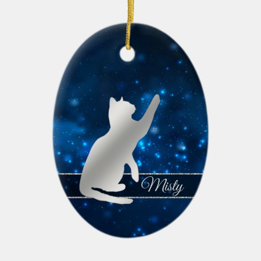 Elegant Blue Lights Silver Silhouette Playful Cat Keramisch Ornament (Voorkant)