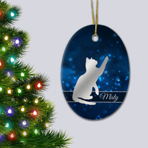 Elegant Blue Lights Silver Silhouette Playful Cat Keramisch Ornament