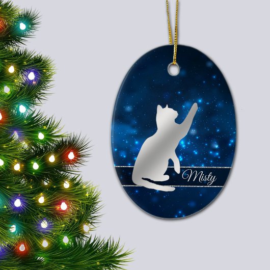 Elegant Blue Lights Silver Silhouette Playful Cat Keramisch Ornament