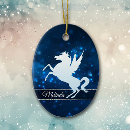 Elegant Blue Lights Silver Silhouette Unicorn Keramisch Ornament