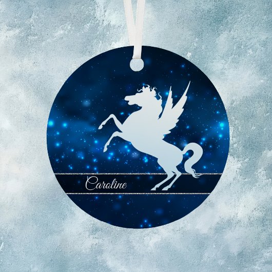 Elegant Blue Lights Silver Silhouette Unicorn Metalen Ornament
