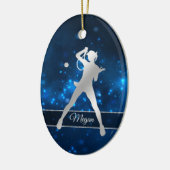 Elegant Blue Lights Silver Vrouw Tennis Player Keramisch Ornament (Links)