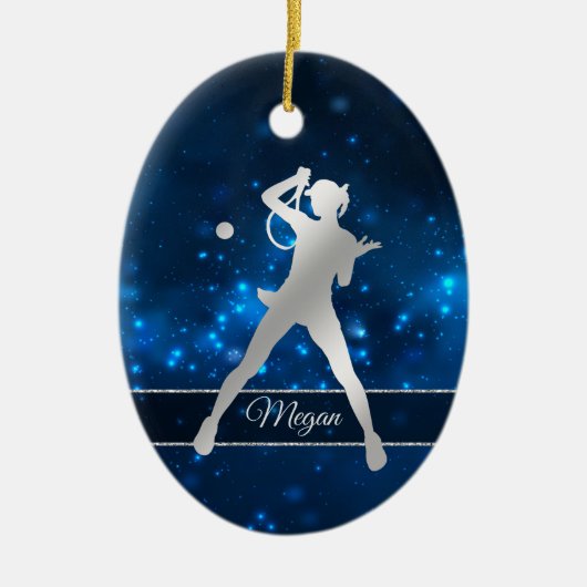 Elegant Blue Lights Silver Vrouw Tennis Player Keramisch Ornament (Voorkant)
