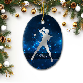 Elegant Blue Lights Silver Vrouw Tennis Player Keramisch Ornament