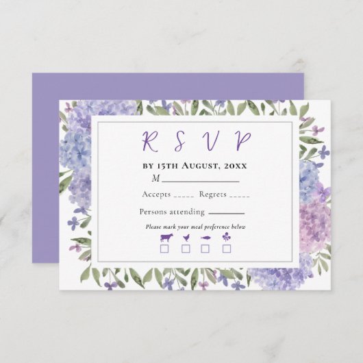 Elegant Blue Lila Waterverf Hydrangeas Wedding RSVP Kaartje (Voorkant / Achterkant)