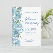 Elegant Blue Lily 27th Birthday Party Invitation Kaart (Staand voorkant)
