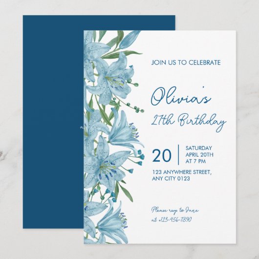 Elegant Blue Lily 27th Birthday Party Invitation Kaart (Voorkant / Achterkant)
