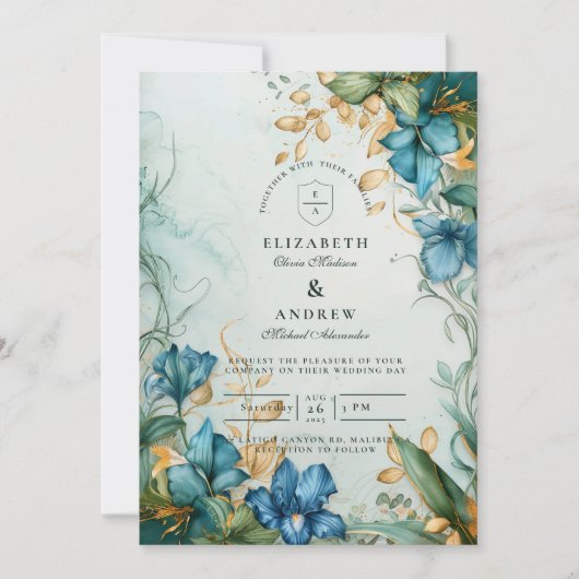 Elegant Blue Lily Botanical Wedding Kaart (Voorkant)