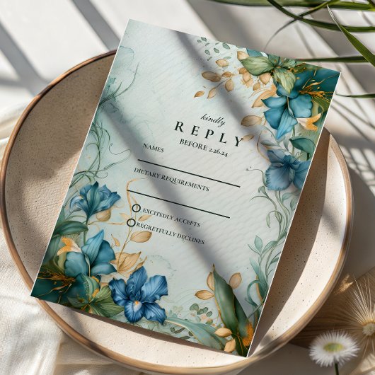 Elegant Blue Lily Botanical Wedding RSVP Kaartje