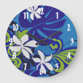 Elegant Blue Lime Green Hawaiian Flowers Patroon Grote Klok (Voorkant)