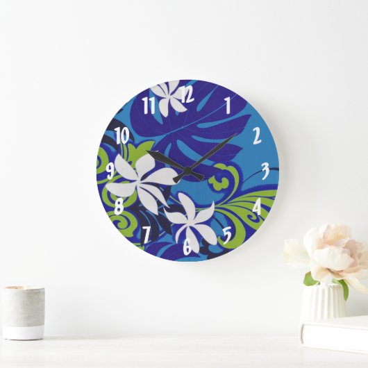 Elegant Blue Lime Green Hawaiian Flowers Patroon Grote Klok (Huis)